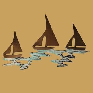 Vintage MCM 1960s Brass Enesco Three Sailboat Wall Hanging with Painted Ocean